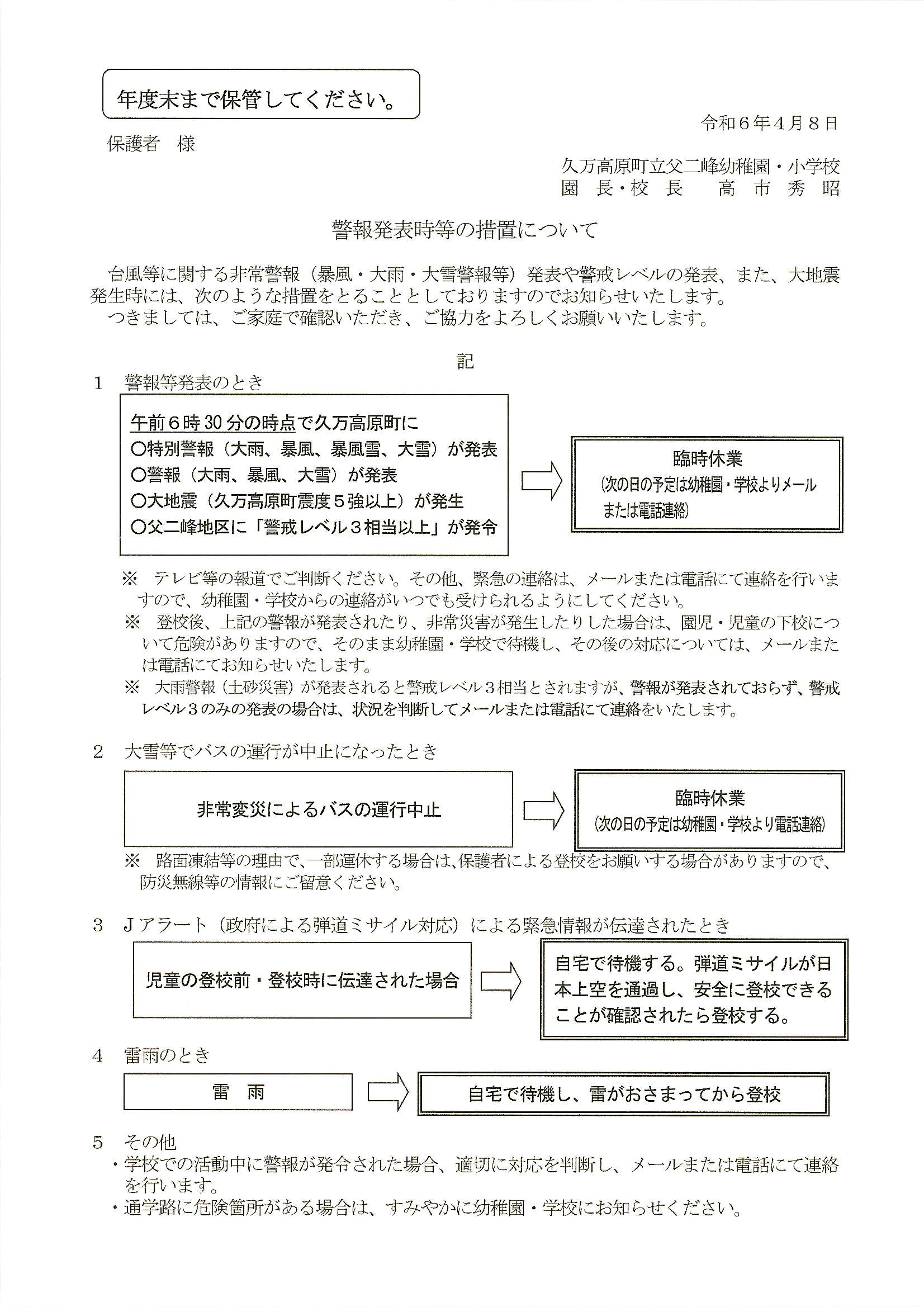 令和６年度　警報時の対応